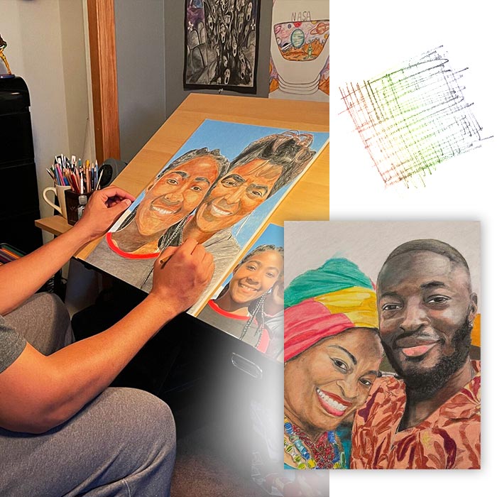 Custom commissioned paintings and drawings of family members and loved ones being drawn by Madison based artists Louis Ely.