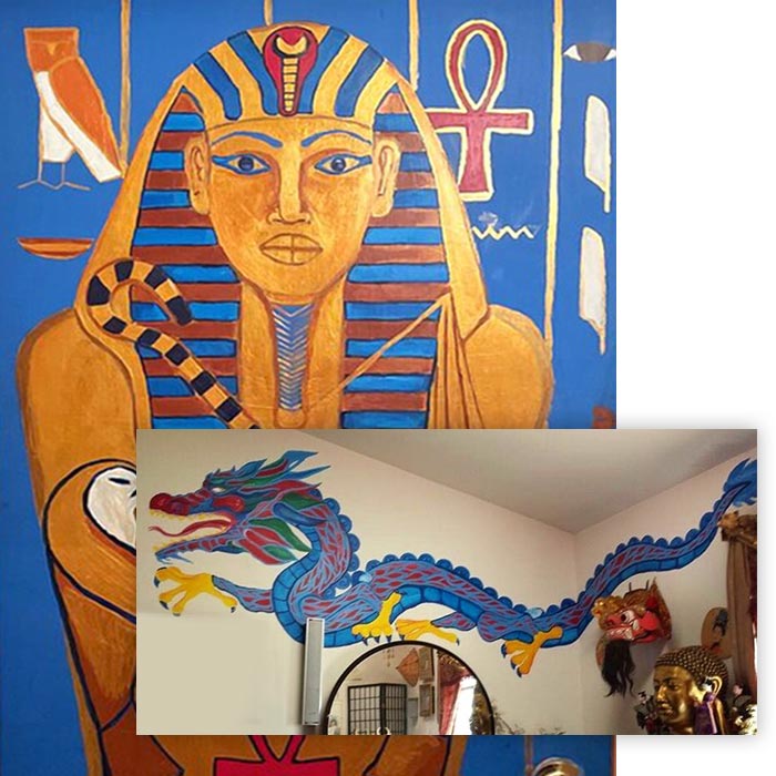 Custom ancient Egyptian and dragon painted mural by Artist Louis Ely of Lou Art in Madison, WI.