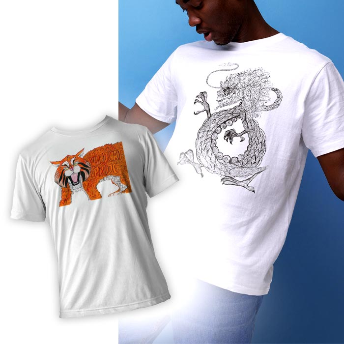 Two custom t-shirts with a dragon and lion designed by local Madison, WI artist Louis Ely of Lou Art.