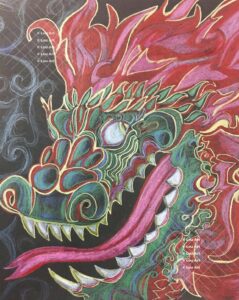 Eclectic hand drawn green and red dragon portrait by Louis Ely in Madison Wisconsin of Lou Art.
