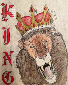 Hand drawn intuitive mark line art of roaring lion wearing a crown beside text that says 