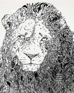 Hand drawn intuitive marker line art of lion by Louis Ely in Madison Wisconsin of Lou Art.