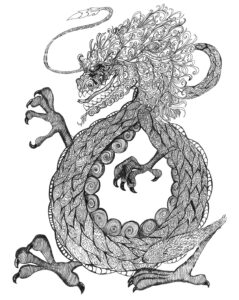 Hand drawn intuitive mark line art of dragon by artist Louis Ely in Madison Wisconsin of Lou Art.