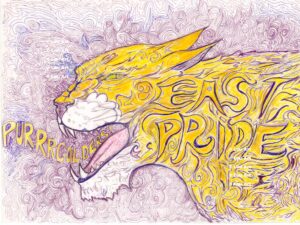 Hand drawn intuitive mark line art of yellow cougar cat east school team pride by Louis Ely in Madison Wisconsin of Lou Art.