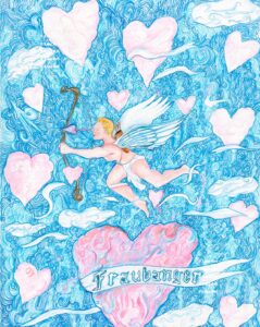 Hand drawn intuitive mark line art of cupid fraubanger by artist Louis Ely in Madison Wisconsin of Lou Art.