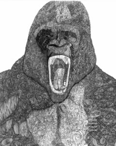 Hand drawn intuitive mark line art of large gorilla roaring by Louis Ely in Madison Wisconsin of Lou Art.