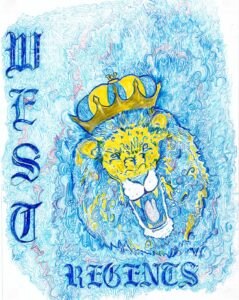 Hand drawn intuitive mark line art of lion wearing kings crown that says west regents by artist artist Louis Ely in Madison Wisconsin of Lou Art.