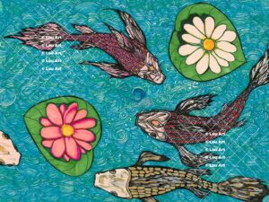 Hand drawn intuitive mark line art of fish swimming beside lily pads in koi pond by artist Louis Ely in Madison Wisconsin of Lou Art.