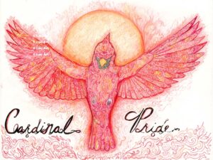 Hand drawn intuitive mark line art of red flaming cardinal bird school team pride by Louis Ely in Madison Wisconsin of Lou Art.