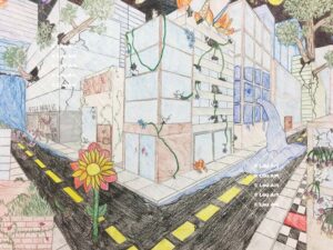 Example of student art work hand colored drawing of city scape from art lessons by Lou Art in Madison, WI.
