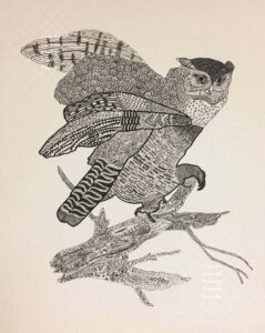 Example of student art work line mark drawing of owl landing on stick from art lessons by Lou Art in Madison, WI.