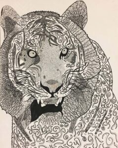 Example of student art work intuitive line mark drawing tiger from art lessons by Lou Art in Madison, WI.