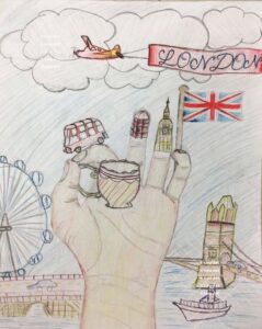 Example of student art work hand drawing from London from art lessons by Lou Art in Madison, WI.