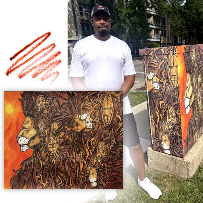 Artist Louis Ely proudly stands beside his latest commissioned art piece. The intuitive lion line art was commissioned by the city of Madison, Wisconsin to appear on electrical boxes to add culture and style to the areas public utilities.