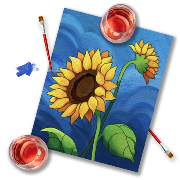 Sunflower and blue background with wine glasses, acrylic paint strokes and paint brushes, symbolizes paint and sip private art lessons by Lou Art in Madison, WI.