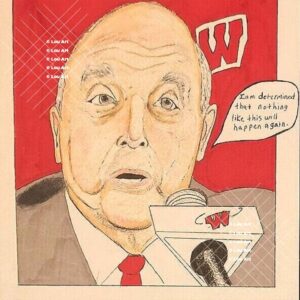 Hand drawn portrait of UW Badger coach Barry by artist Louis Ely in Madison Wisconsin of Lou Art.