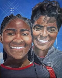 Hand drawn and painted portrait of smiling young woman and mother or grandma family loved ones by Madison artist Louis Ely of Lou Art.