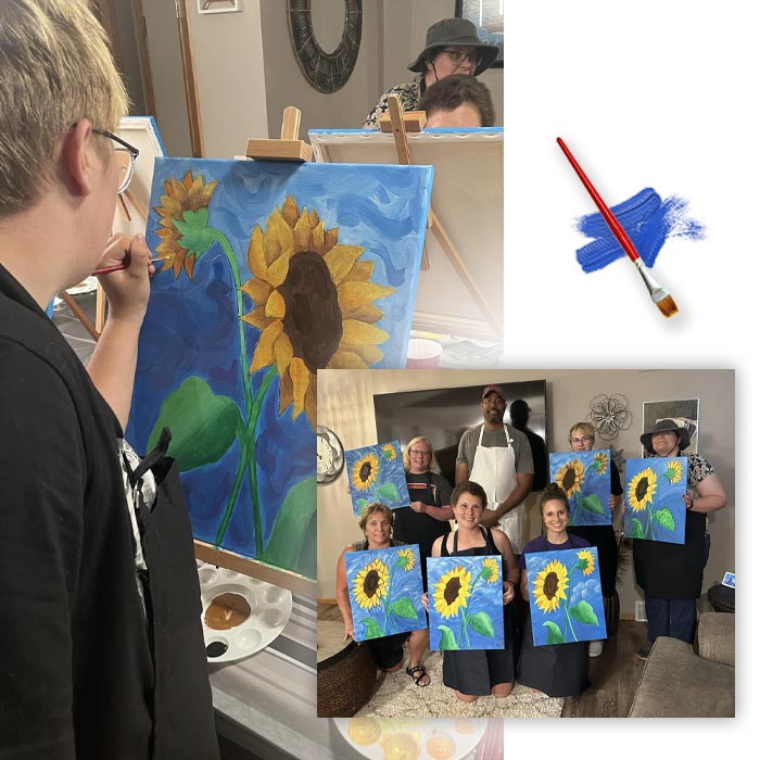 Group of students pose with Louis Ely and display their paintings created during a group art lessons taught by Lou Art in Madison, WI.